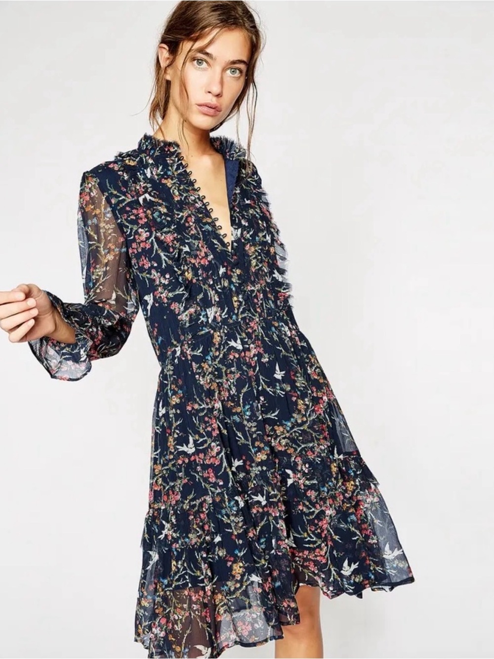 The Kooples 100% Silk Navy Floral Bird Print Dress Ruffle Collar Prairie S